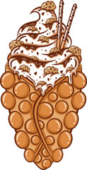 Hong Kong egg bubble waffle with vanilla ice cream and mini cookies