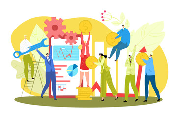 Successful business creative teamwork vector illustration. Businessmen team woorking together and making money concept. Creativity, success.