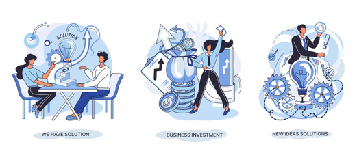 We have solution metaphor, business investment, new ideas solution scenes set. Teamwork and brainstorming. Team and new startup. Leadership and financial activities. Concept joint search for new ideas