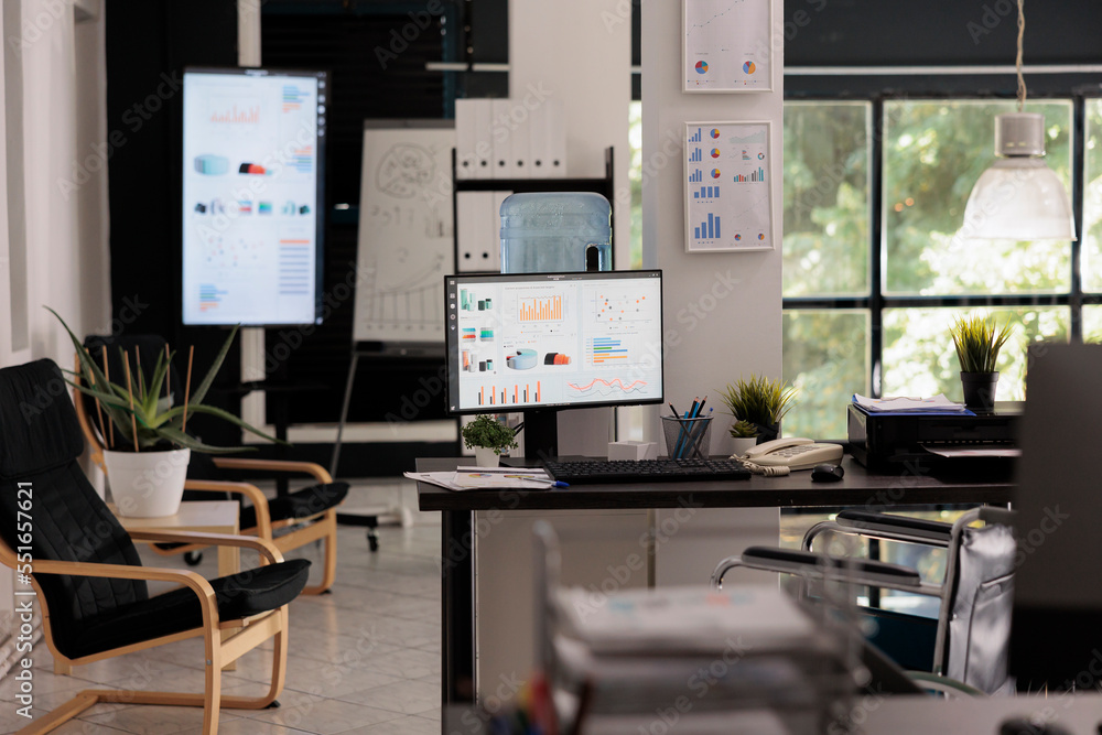 Poster financial analysis company workspace with desktop computers and large digital screen with presentati