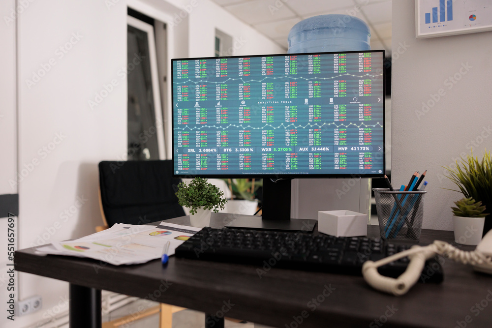 Poster empty office with money transactions and investment on computer screen, binary option statistics and