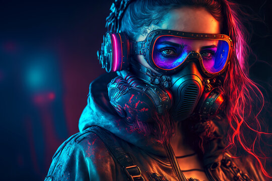 cyberpunk girl in leather hoodie with gas mask, night city light bokeh, fictional person created with generative ai