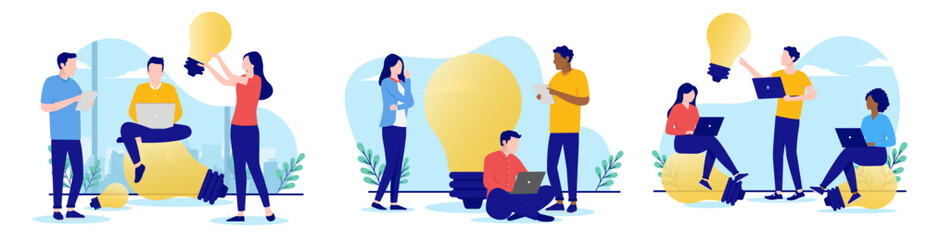 Business idea collection - Set of vector  illustrations with people brainstorming and coming up with new ideas in office. Flat design with white background