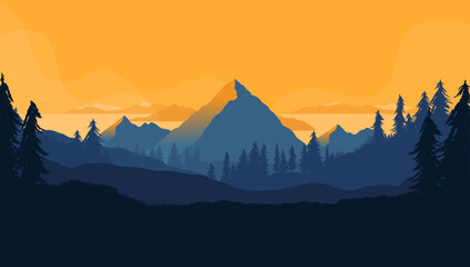 Landscape - Flat design vector illustration of nature with forest mountain and sun with orange sky and a calm tranquil mood