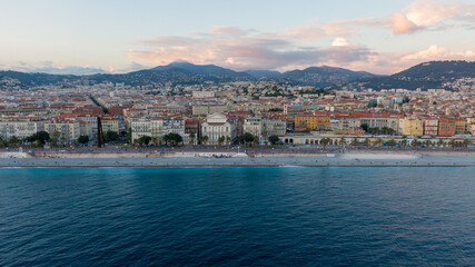 Naklejka na ściany i meble Nice, France Aerial view of coast of sea and city. Buildings in old Town , Drone view 