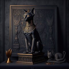 Ancient Egyptian black cat with golden ornaments. Statuette in black interior, podium. Ancient Egyptian goddess Bastet. AI