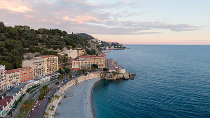 Fototapeta na wymiar Nice, France Aerial view of coast of sea and city. Buildings in old Town , Drone view 