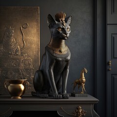 Ancient Egyptian black cat with golden ornaments. Statuette in black interior, podium. Ancient Egyptian goddess Bastet. AI