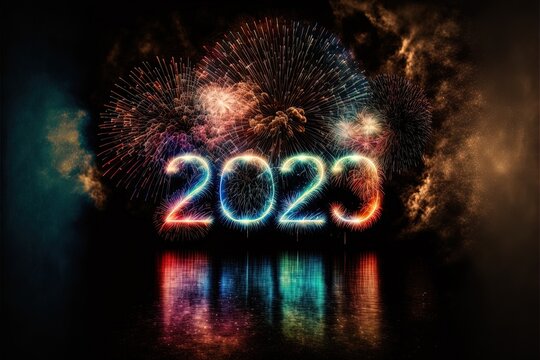 Happy new year 2023 fireworks over water Generative AI