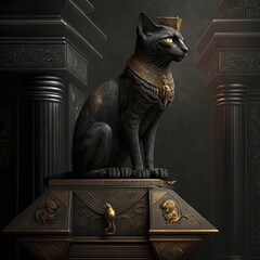 Ancient Egyptian black cat with golden ornaments. Statuette in black interior, podium. Ancient Egyptian goddess Bastet. AI