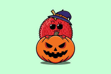 Cute Lychee cartoon character hiding in pumpkin halloween illustration in flat modern design