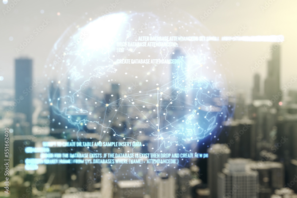 Aufkleber abstract virtual coding concept and world map hologram on blurry skyline background. multiexposure