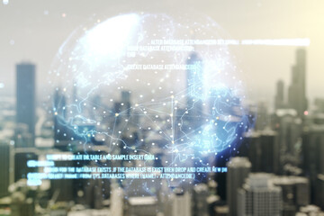 Abstract virtual coding concept and world map hologram on blurry skyline background. Multiexposure