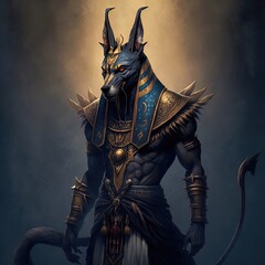 The ancient Egyptian god of death and the world of the dead, the terrible Anubis. Fantasy character of Egypt. AI - obrazy, fototapety, plakaty