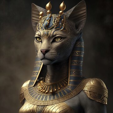 Ancient Egyptian goddess Bastet. Ancient Egyptian catwoman with gold jewelry. AI
