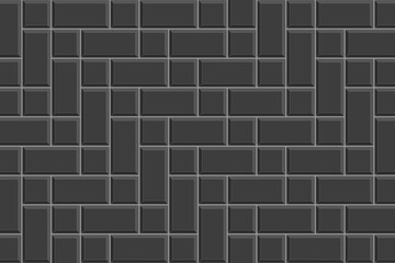 Black herringbone inserted tile texture. Sidewalk surface. Brick wall background. Kitchen backsplash mosaic layout. Bathroom, shower or toilet floor decoration. Vector flat illustration