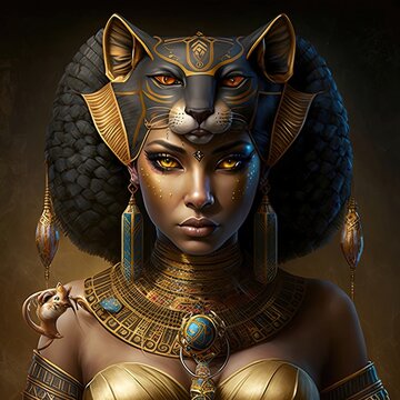 Ancient Egyptian goddess Bastet. Ancient Egyptian catwoman with gold jewelry. AI