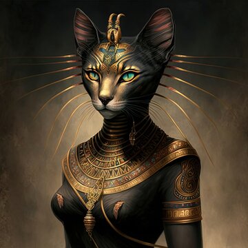 Ancient Egyptian goddess Bastet. Ancient Egyptian catwoman with gold jewelry. AI