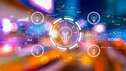 Idea light bulb theme with urban city lights at night