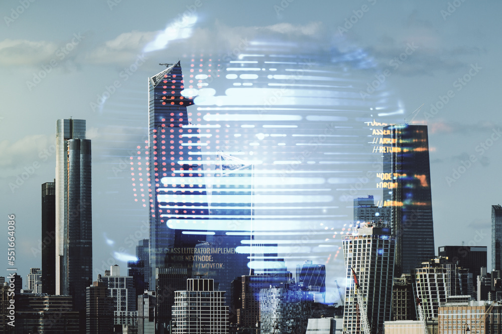 Poster multi exposure of abstract programming language hologram and world map on manhattan office buildings