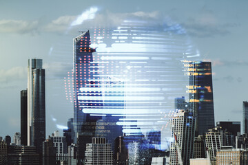 Fototapeta na wymiar Multi exposure of abstract programming language hologram and world map on Manhattan office buildings background, artificial intelligence and neural networks concept