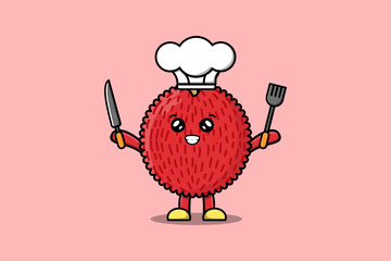 Cute cartoon Lychee chef character holding knife and fork in flat cartoon style illustration