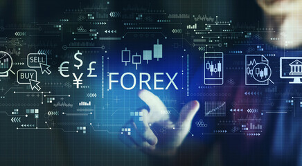 Forex trading concept with young man touching a digital screen at night