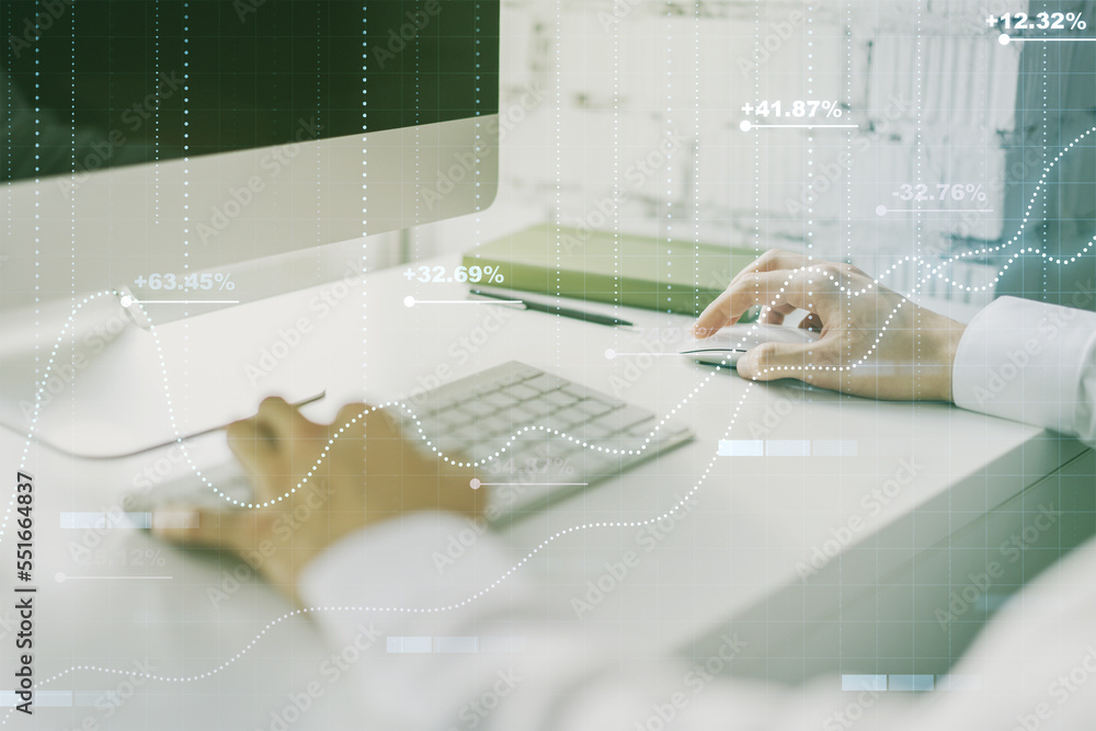Poster Multi exposure of abstract statistics data hologram interface with hands typing on computer keyboard on background, computing and analytics concept