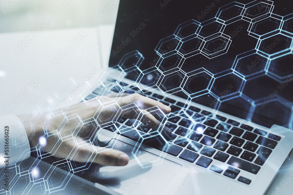 Poster creative abstract technology sketch with hexagon grid and hands typing on computer keyboard on backg