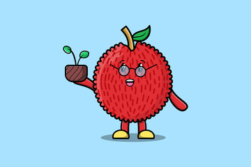 Cute cartoon illustration Lychee holding plant in a pot flat modern style design 
