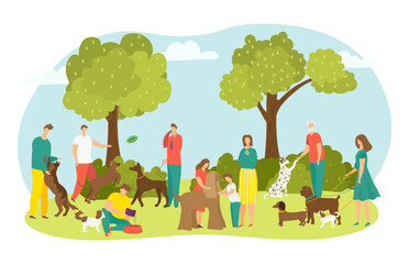 Happy owners with dogs, cute puppies domestic animals and lettering pets vector illustration isolated. Man and woman walking with dog.