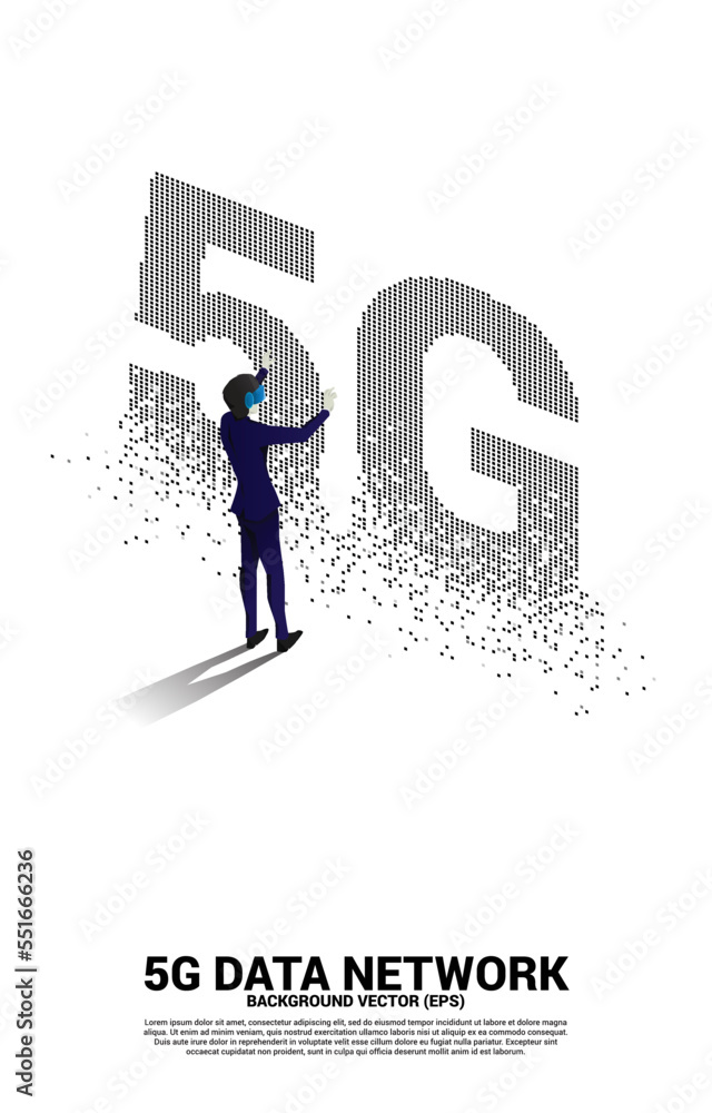 Poster silhouette man wear vr glasses with pixel 5g mobile networking. concept of digital virtual reality t