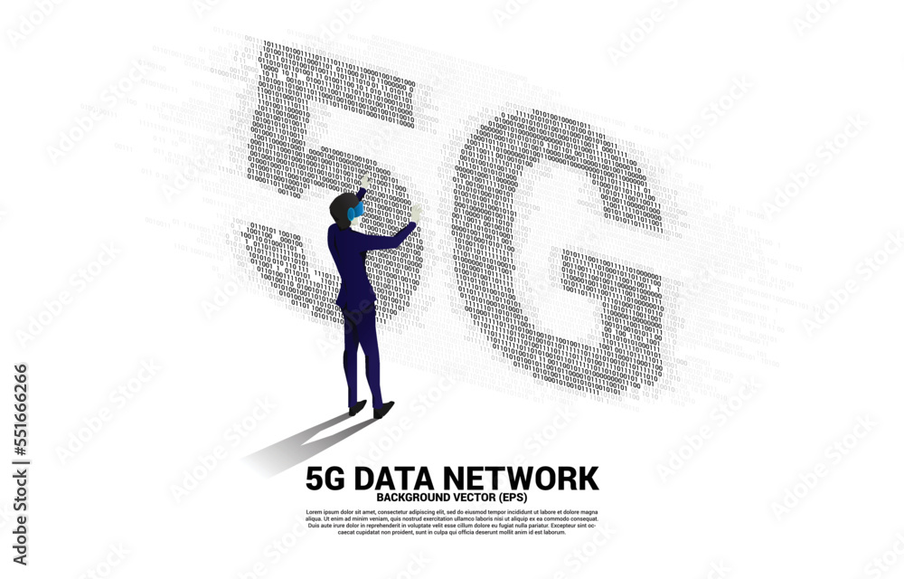Poster Silhouette man wear VR glasses with binary one and zero 5G mobile networking. Concept of digital virtual reality technology and AR .