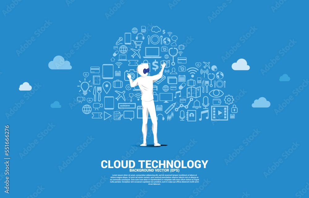 Poster silhouette man wear vr glasses and cloud computing network technology shaped with utility functional