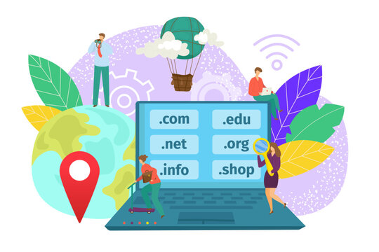 Domain web name registration concept, website hosting icons in laptop and network people, vector illustration. SEo, internet technology.