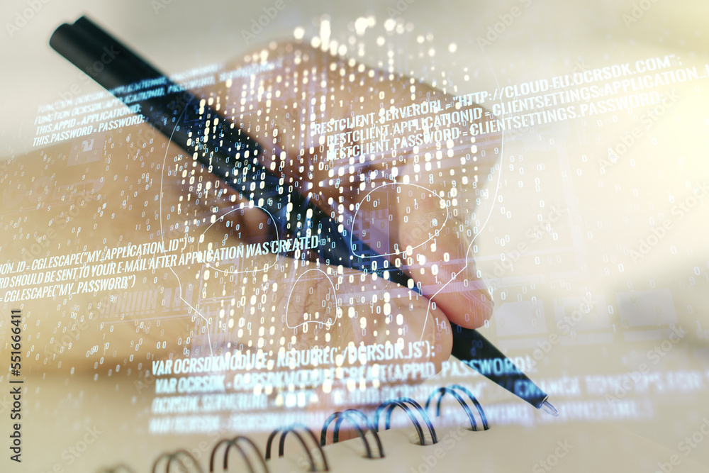 Poster double exposure of creative code skull hologram and man hand writing in notebook on background. malw