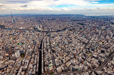 Aerial view of the Sumida River in Tokyo, Japan