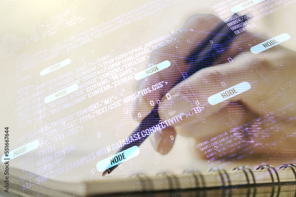 Aufkleber double exposure of abstract creative programming illustration with world map and woman hand writing 
