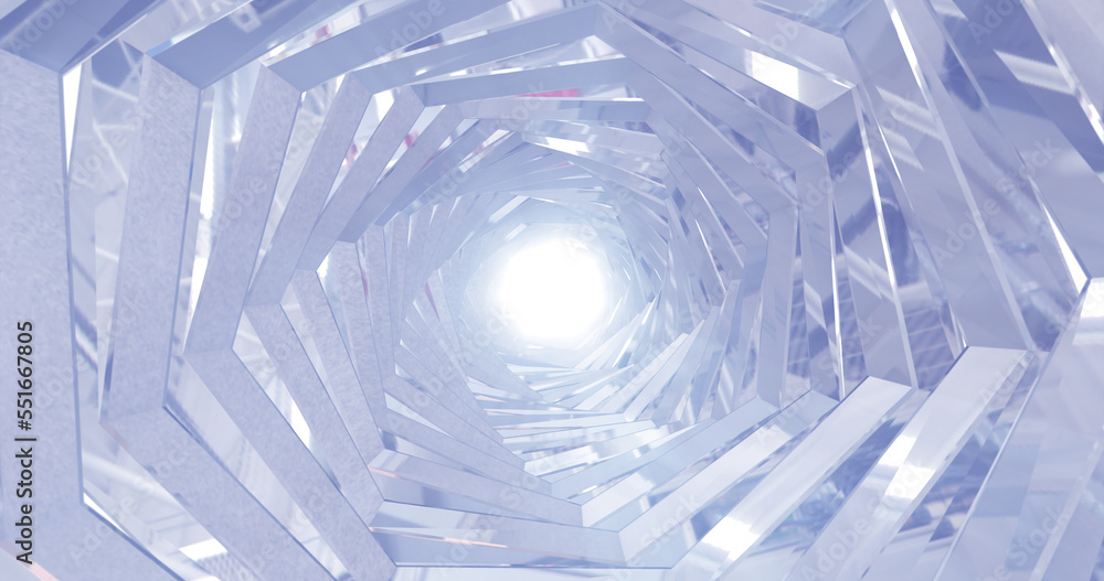 Poster a rotating silver metal chrome shiny tunnel with walls of ribs and lines in the form of a hexagon wi