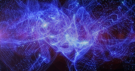 Abstract background of waves of blue futuristic hi-tech grains of sand waves of dots pixel particles flying with glow effect with rays of light and blur, screensaver, video in high quality 4k