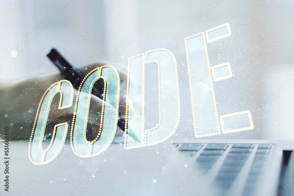 Poster creative code word hologram and hand writing in notepad on background with laptop, artificial intell