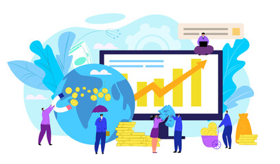 Financial stock market concept, vector illustration. Exchange trader desk, people monitoring, forecasting financial indexes data online.