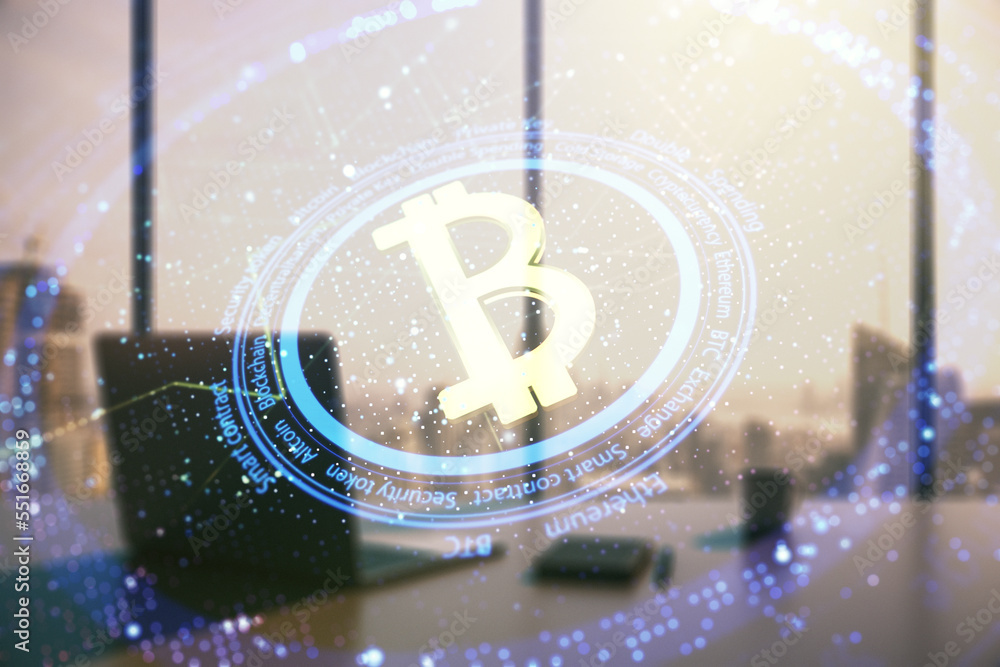 Poster creative bitcoin concept and modern desktop with computer on background. multiexposure