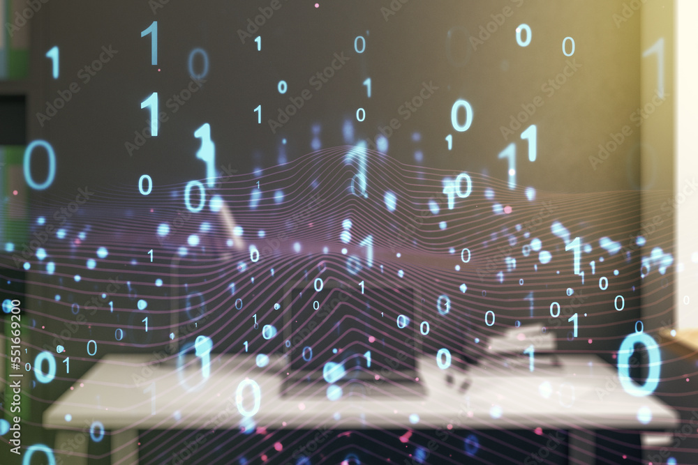 Aufkleber Creative abstract binary code hologram and modern desktop with pc on background, AI and machine learning concept. Multiexposure