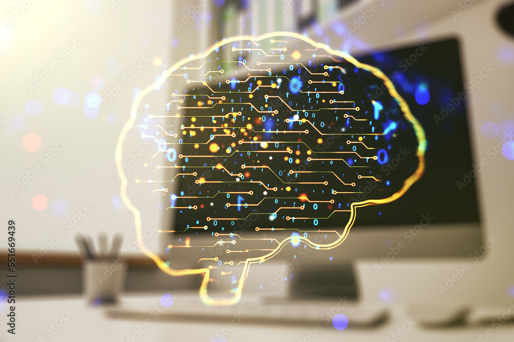 Poster double exposure of creative artificial intelligence symbol and modern desktop with laptop on backgro