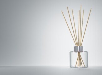 Aroma diffuser clear glass bottle with silver cap and wooden sticks 3D render