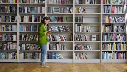 Young Asian woman chooses books from shelf in library