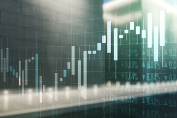 Multi exposure of abstract virtual financial graph hologram on blurry modern office building...