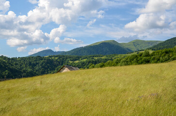 View of a green grassy valley and the roof of a wooden house seen behind a hill in the Carpathian Mountains, Ukraine