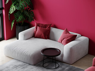 Viva magenta 2023 color room background. Modern interior design with accent luxury sofa and table furniture. Gray couch and burgundy crimson pillows. Mockup interior room home design.  3d render